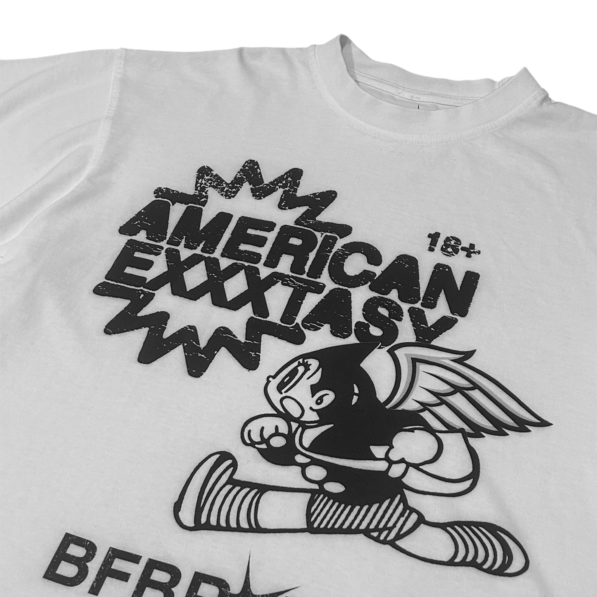 White t-shirt with black graphic design featuring a character and text on a white background